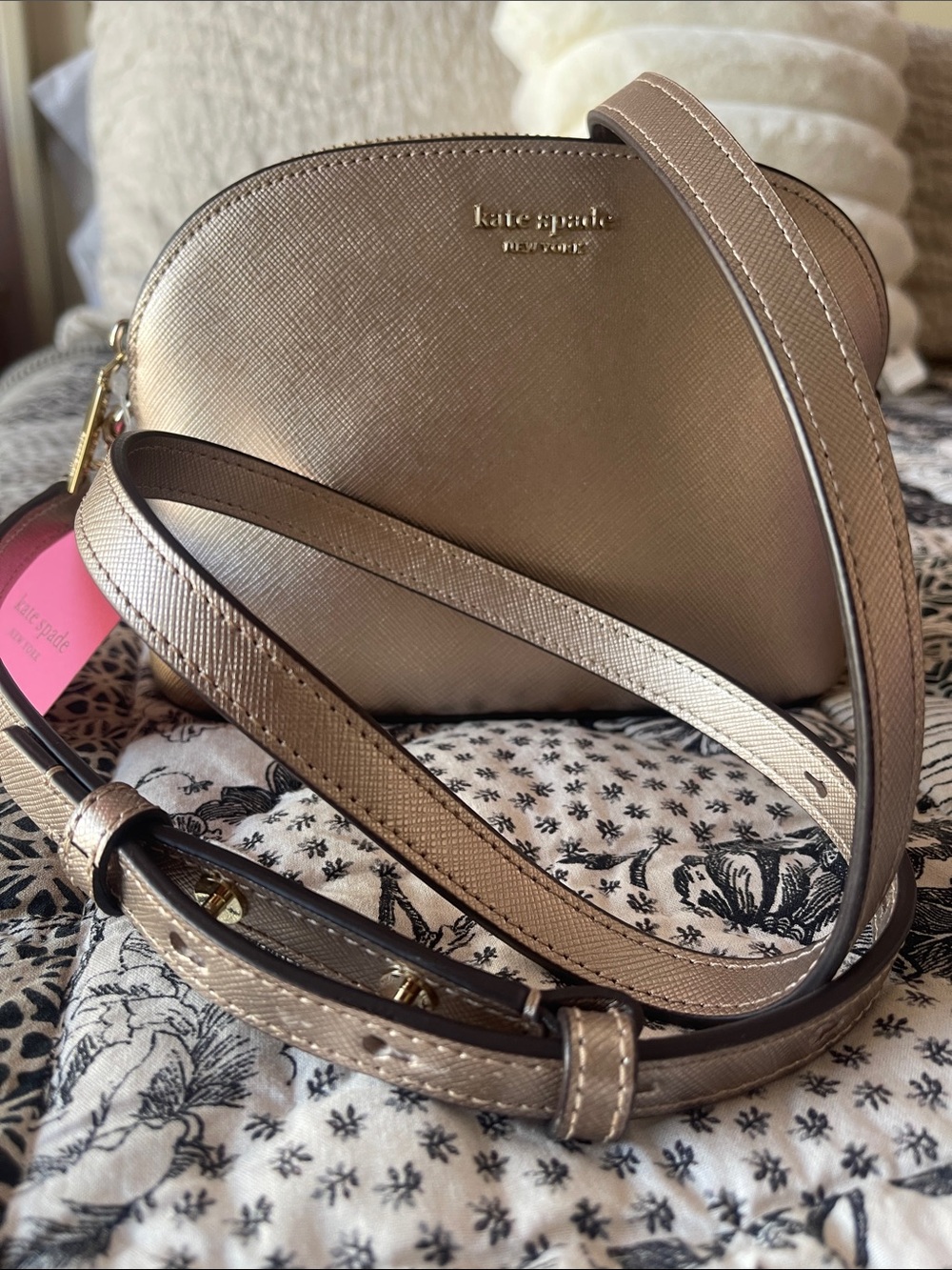 kate spade metallic taupe crossbody with gold logo